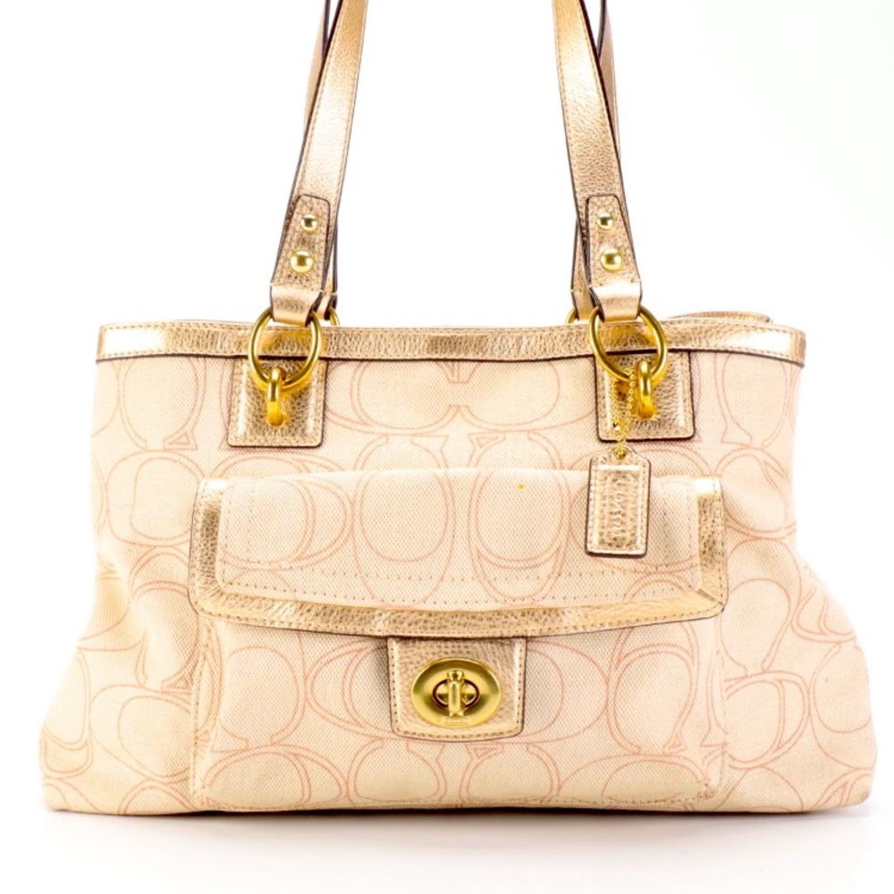 👜 Coach Penelope Signature Canvas & Gold Metallic Grained Leather Tote 👜